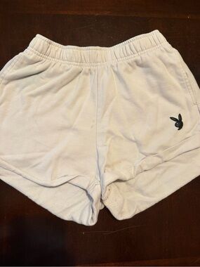 PLAYBOY White Terry Lounge Shorts with Black Bunny Logo